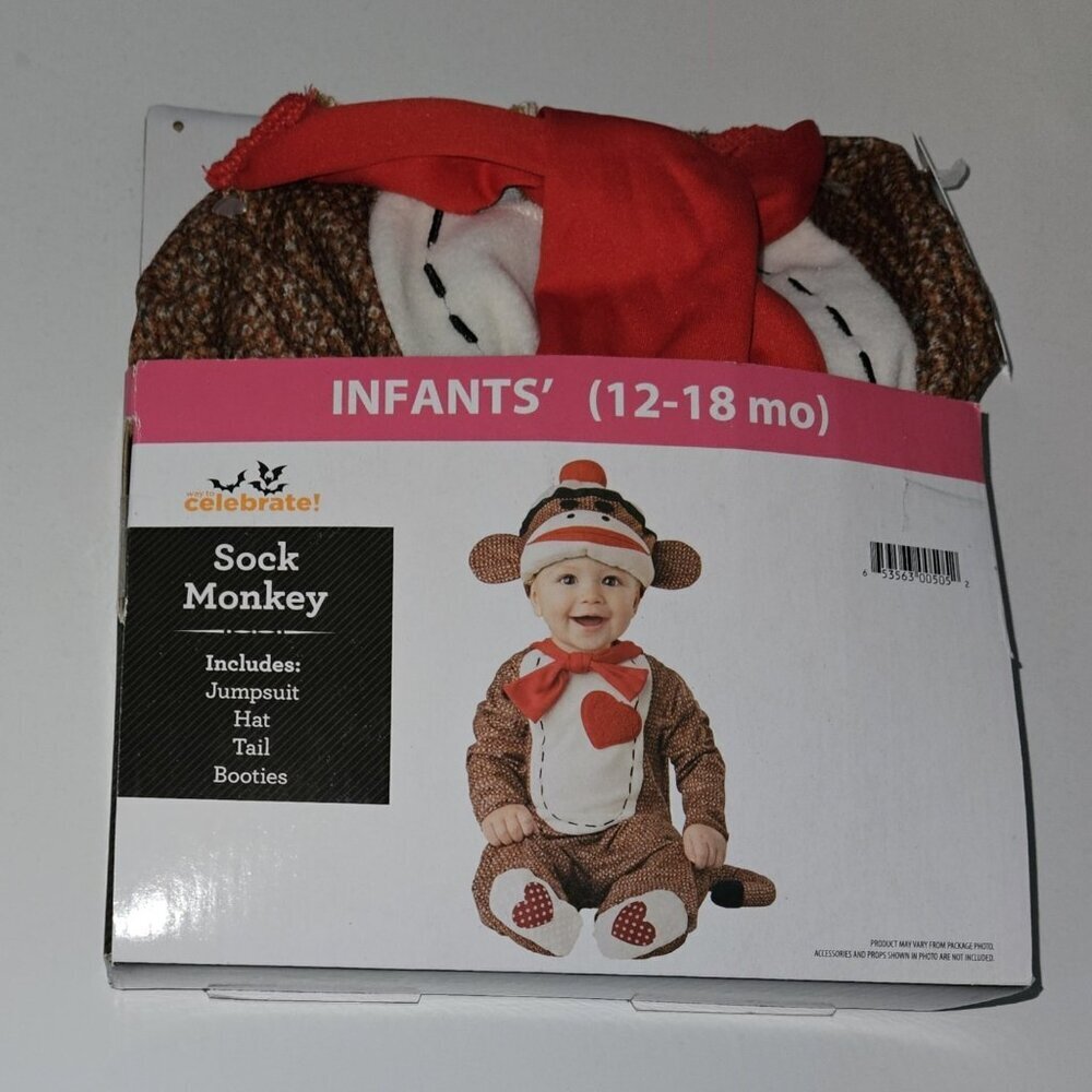 NEW Sock Monkey Halloween Costume Tail Hat Baby 12-18 Months NO BOOTIES READ